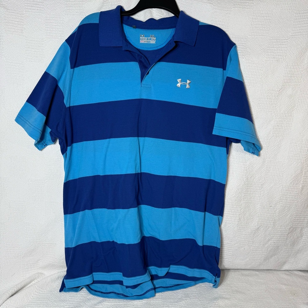 UA Under Armour HeatGear Men's Blue Stripe Polo Golf Shirt, Collared, Size XL